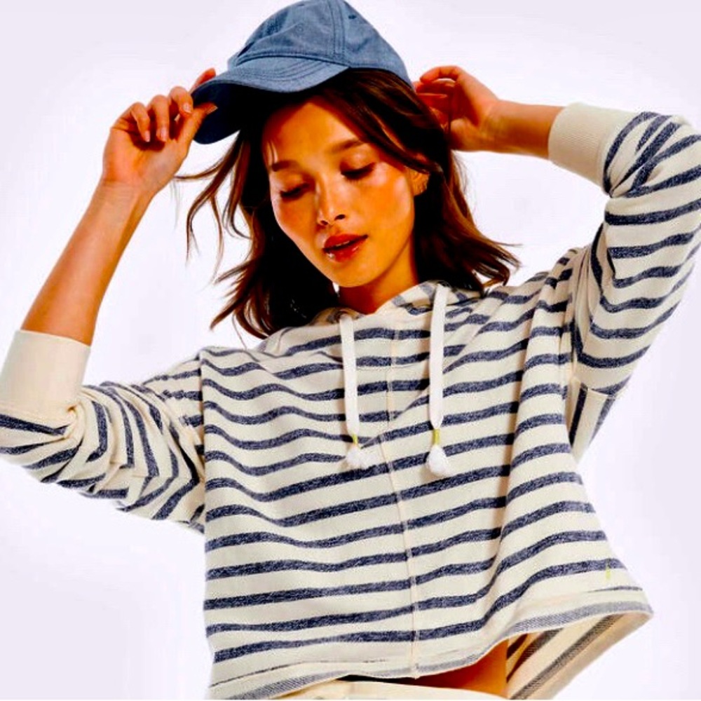 Nautica Striped Nautical Hoodie L Blue White Drawstring Fleece Crop Casual